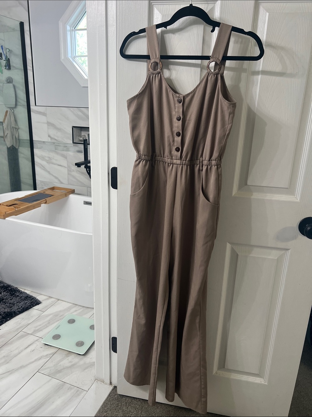 Luna Chix Brown Taupe Wide Leg Jumpsuit Ring Straps Pockets M